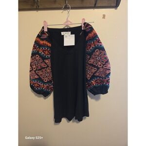 THML Jubilee Embroidered Puff Sleeve Top Womens Small Black NWT Boho SH463